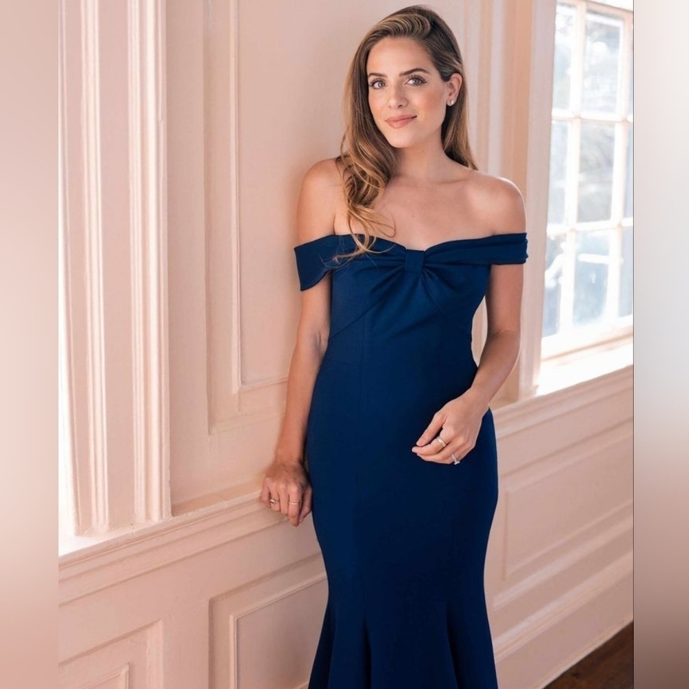 Gal Meets Glam Tyler Scuba Navy Blue Dress Off Shoulder Mermaid 4